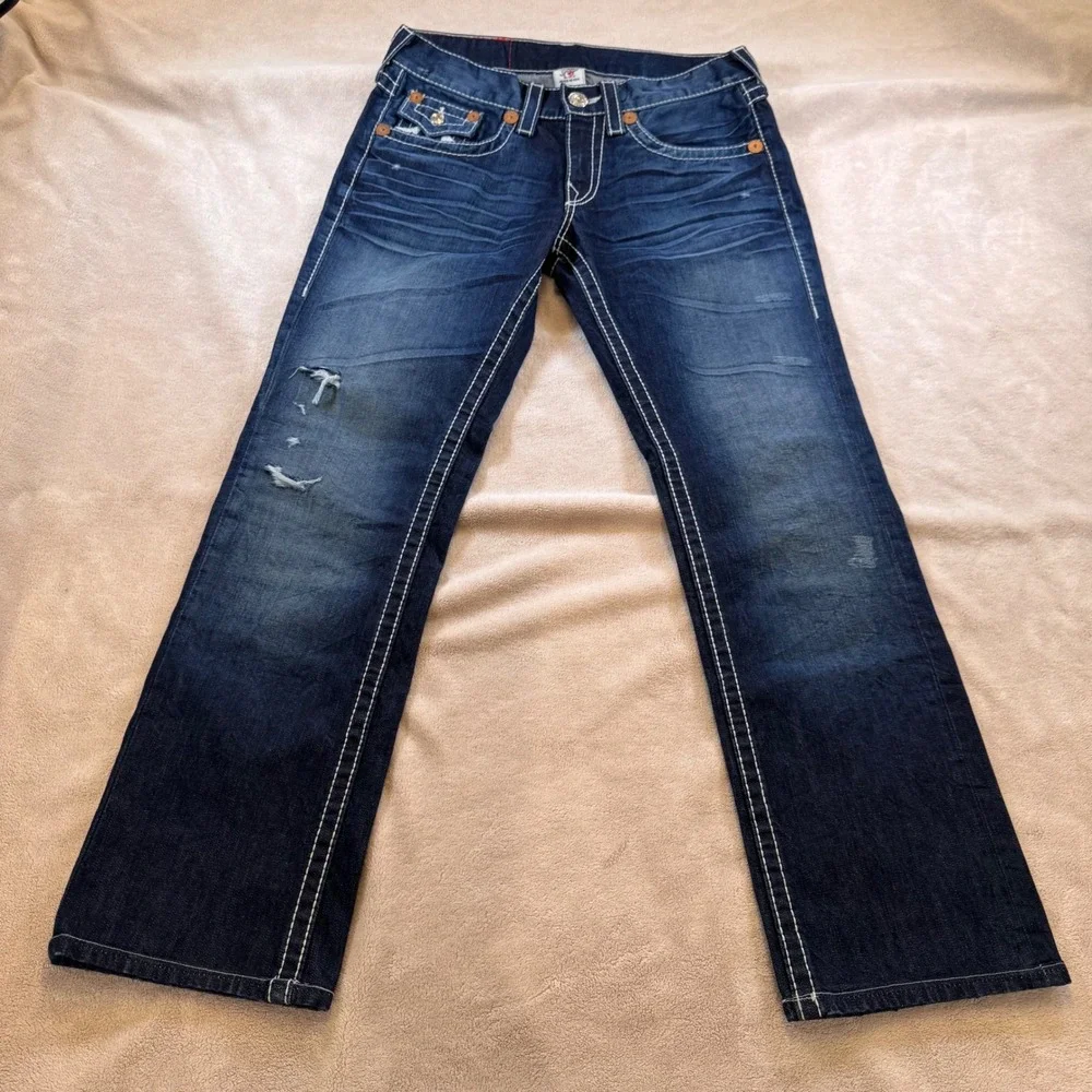 True Religion Rainbow Ricky Straight Dark Super Thick Stitch Denim Jeans 31x31